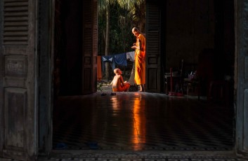 Novices sharing in a khmer monastery from the Mekong Delta