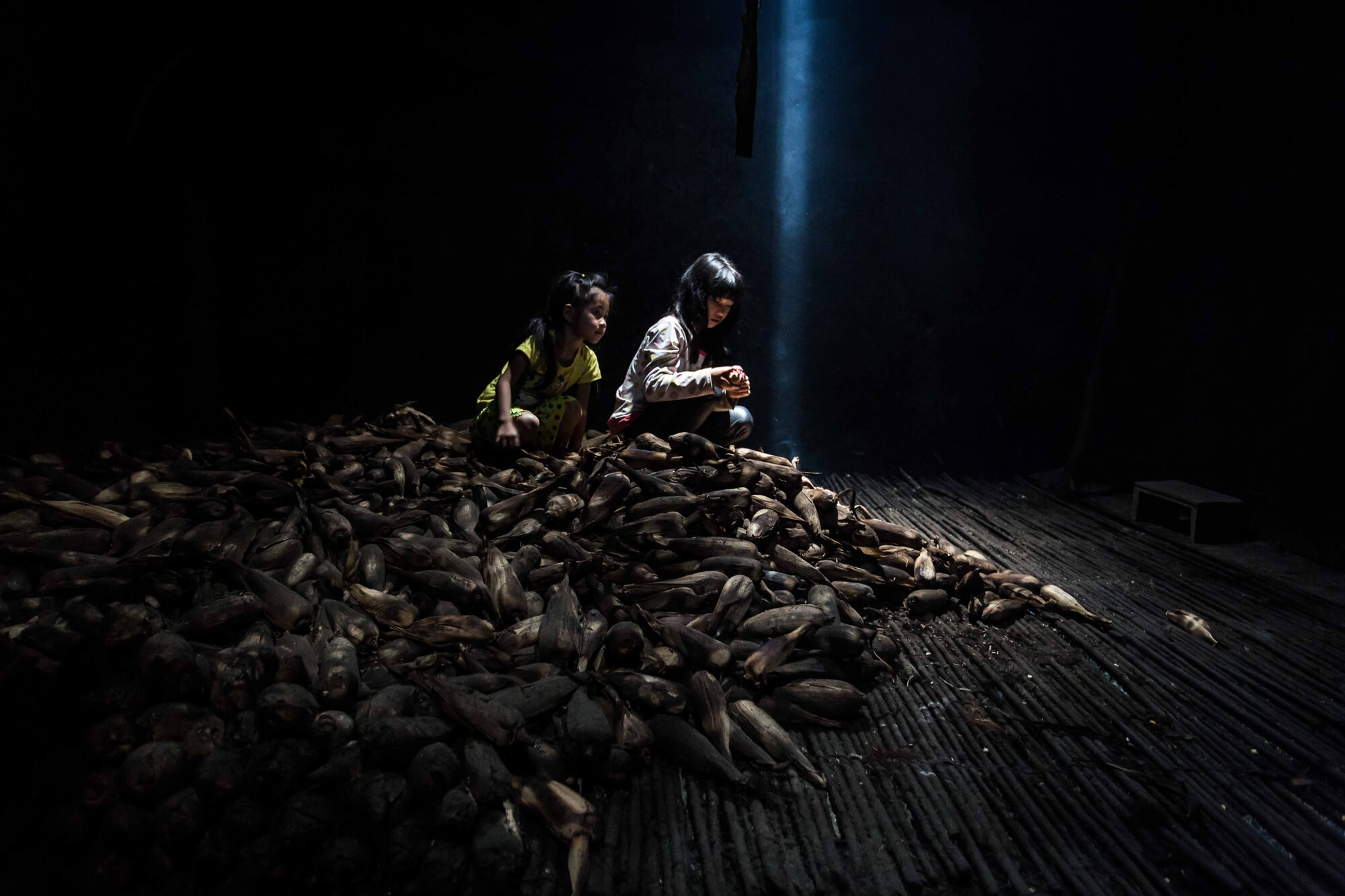 Two Vietnamese minority childs atop a mount of unprocessed corns in dim lit granary