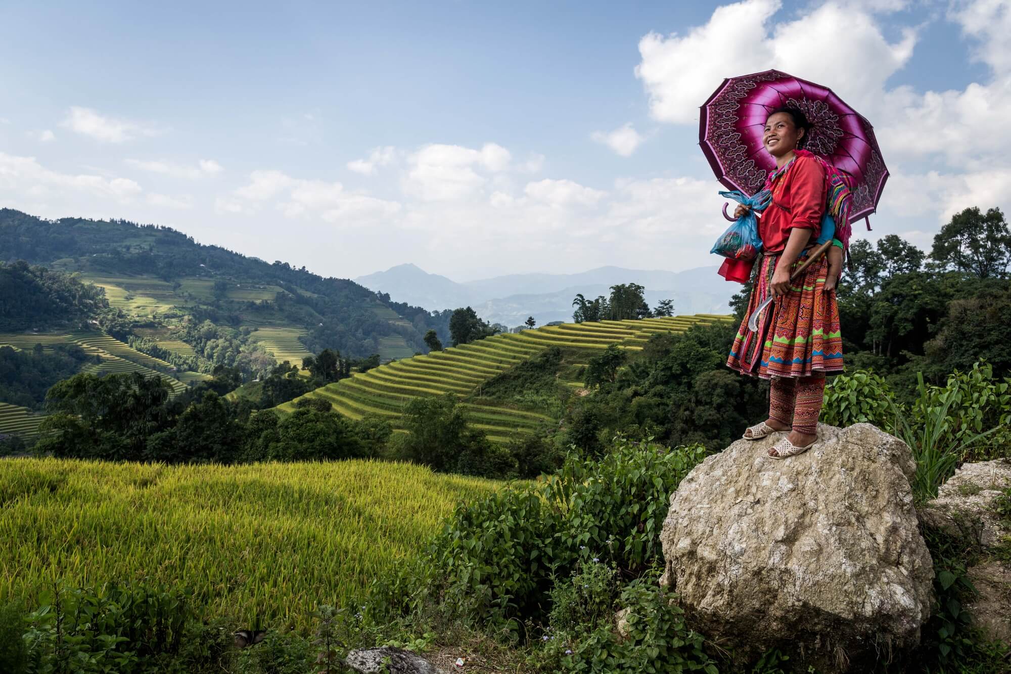 Vietnamese Minority with colorful umbrella and outfit on a rock over viewing the rice fields Vietnamese Minority with colorful umbrella and outfit on a rock over viewing the rice fields